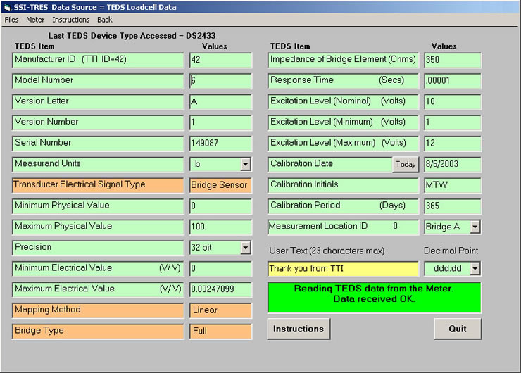 Populated IEEE 1451.4 template - SSI-TRES TEDS Reader Editor Software Screen 6